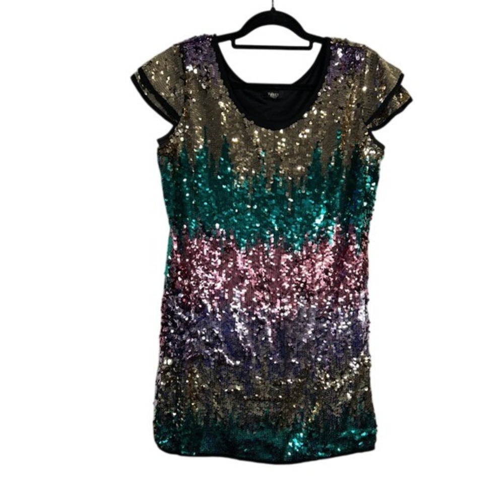 Verty Women's Sequin Colorblock Mini Dress Gold Teal Pink Purple Size Large